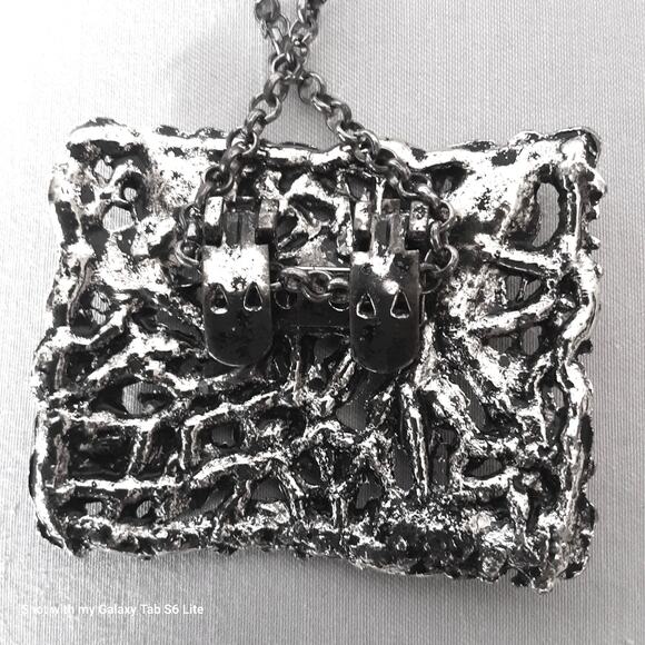 Upcycled Heavy Floral Silver Tone Pendant Necklace Cable Chain Links - Picture 5 of 9